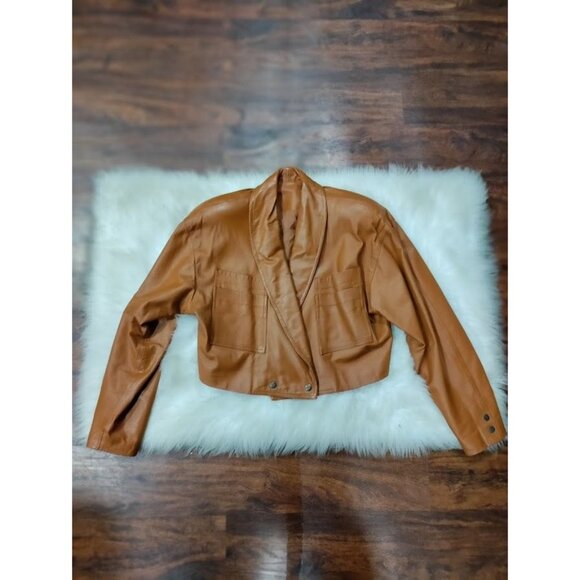 Santa Caterina Leather Long Sleeve Shawl Cropped Biker Jacket Tan Women's Size M - Picture 2 of 11